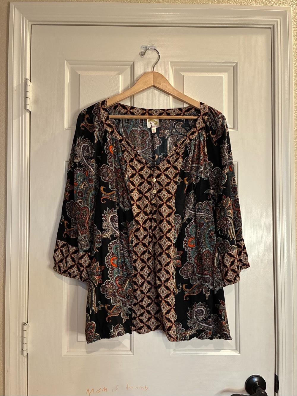 fig and flower Black Paisley Mix V-Neck Tunic with Rust & Teal Accents
